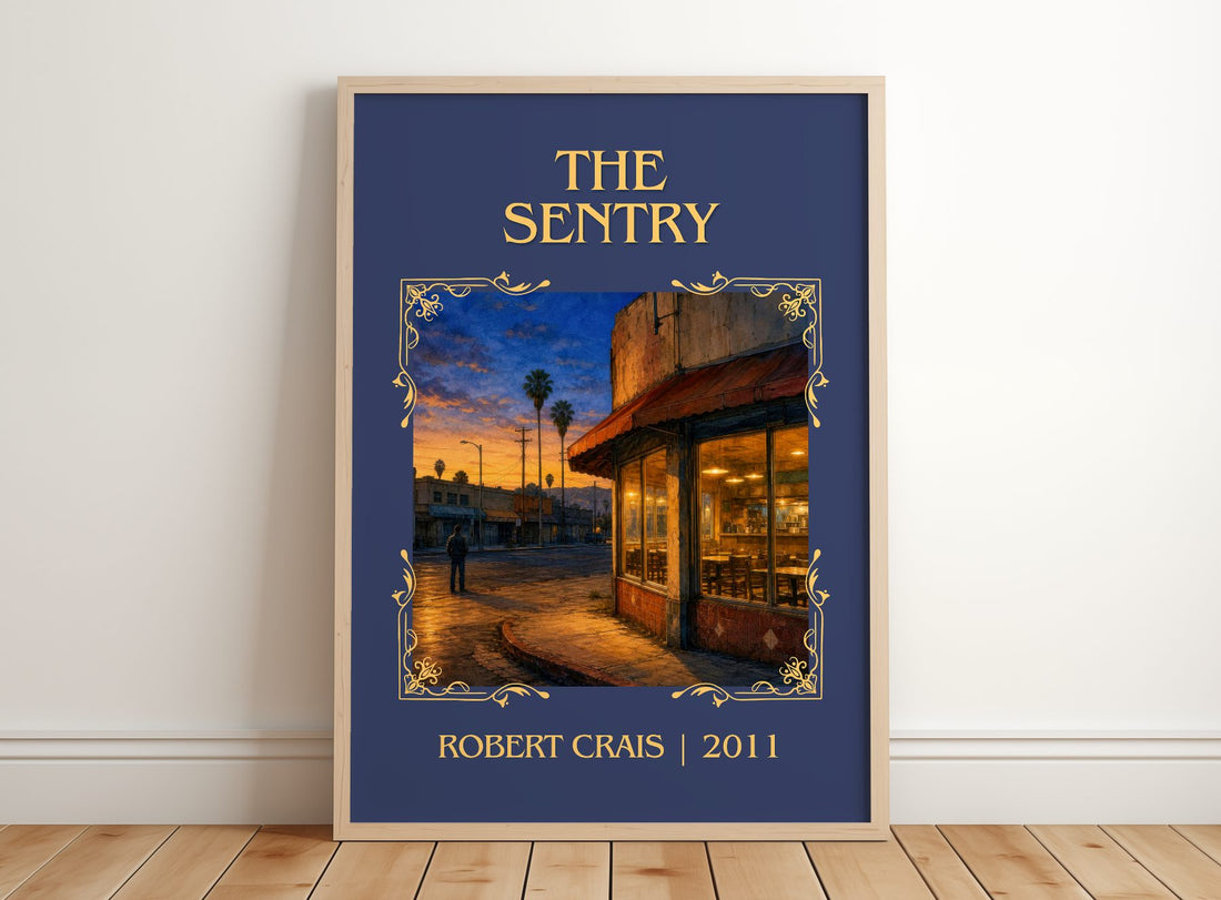 The Sentry Classic Book Art Print by Robert Crais – framed print leaning on a wooden floor