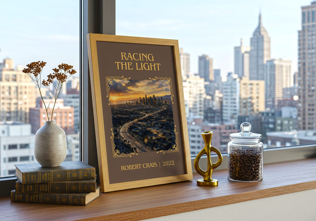 Racing The Light Classic Book Art Print by Robert Crais – framed print on a city-view windowsill