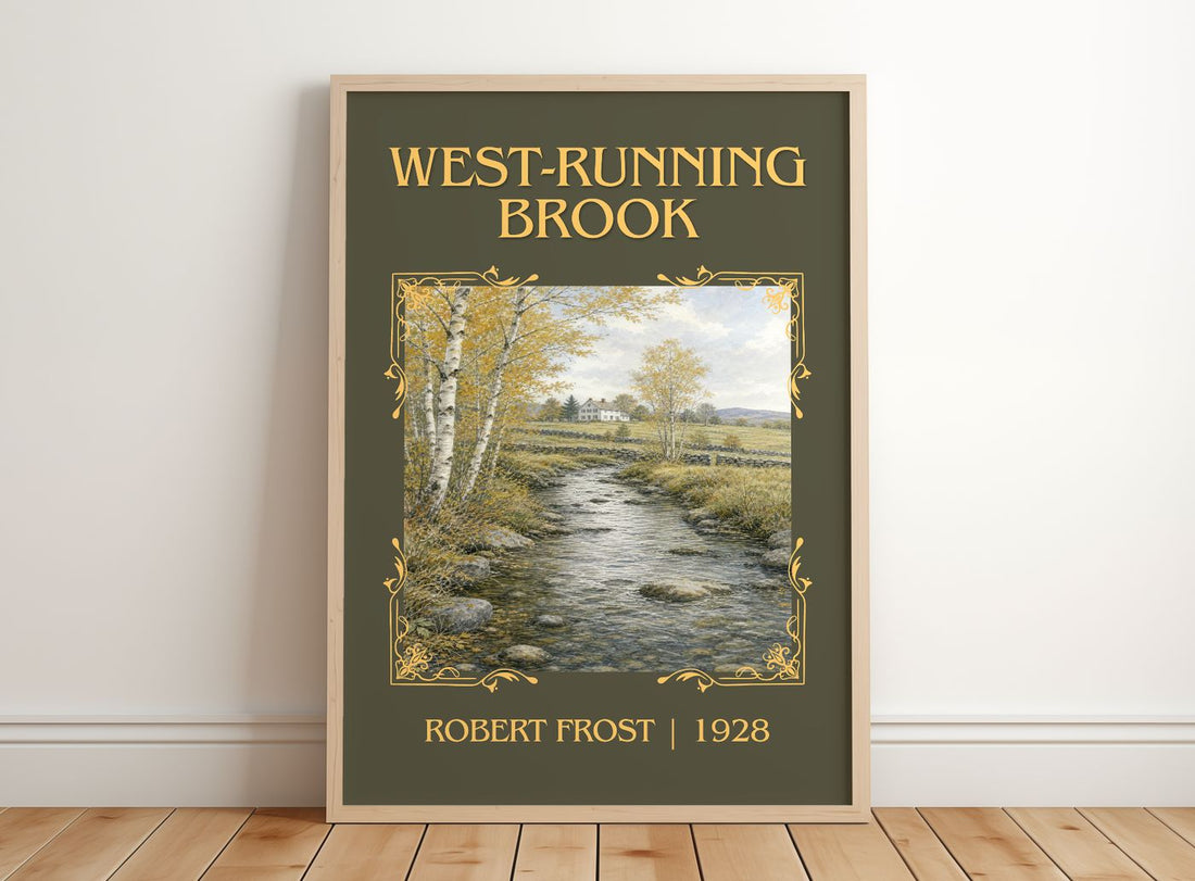 West-Running Brook Classic Book Art Print by Robert Frost – framed print leaning on a wooden floor