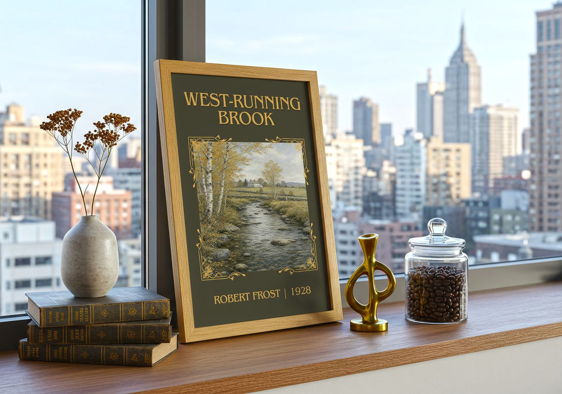 West-Running Brook Classic Book Art Print by Robert Frost – framed print on a city-view windowsill