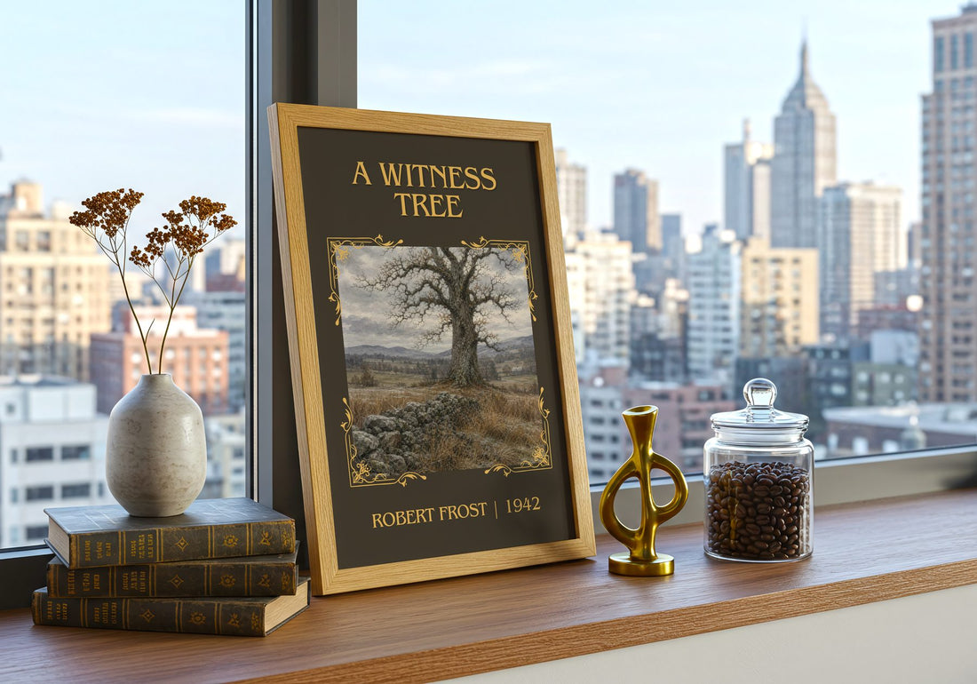 A Witness Tree Classic Book Art Print by Robert Frost – framed print on a city-view windowsill