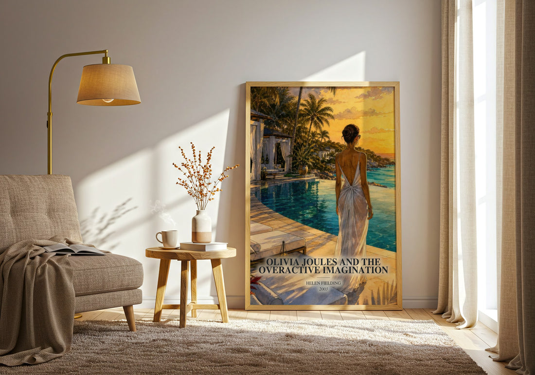 Olivia Joules And The Overactive Imagination watercolour print in frame leaning in hallway – contemporary fiction wall art (mockup)