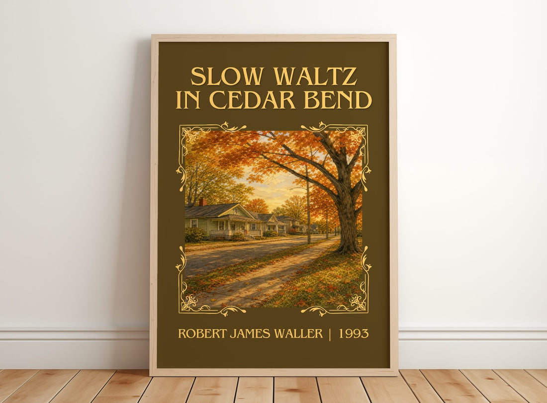 Slow Waltz In Cedar Bend Classic Book Art Print by Robert James Waller – framed print leaning on a wooden floor