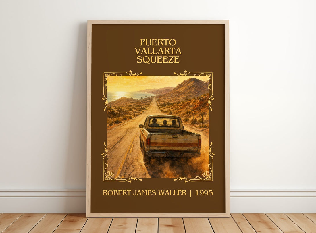 Puerto Vallarta Squeeze Classic Book Art Print by Robert James Waller – framed print leaning on a wooden floor
