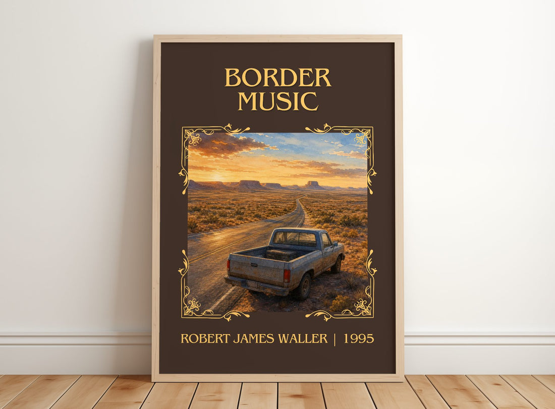 Border Music Classic Book Art Print by Robert James Waller – framed print leaning on a wooden floor
