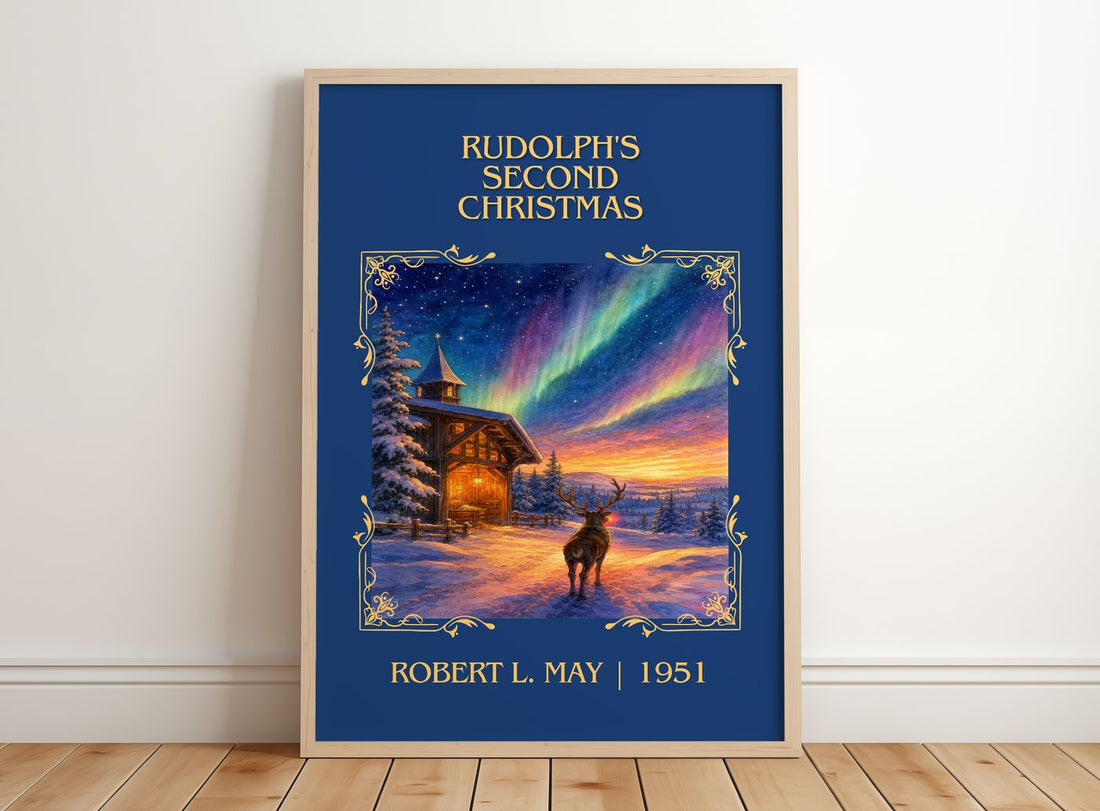 Rudolph's Second Christmas Classic Book Art Print by Robert L. May – framed print leaning on a wooden floor