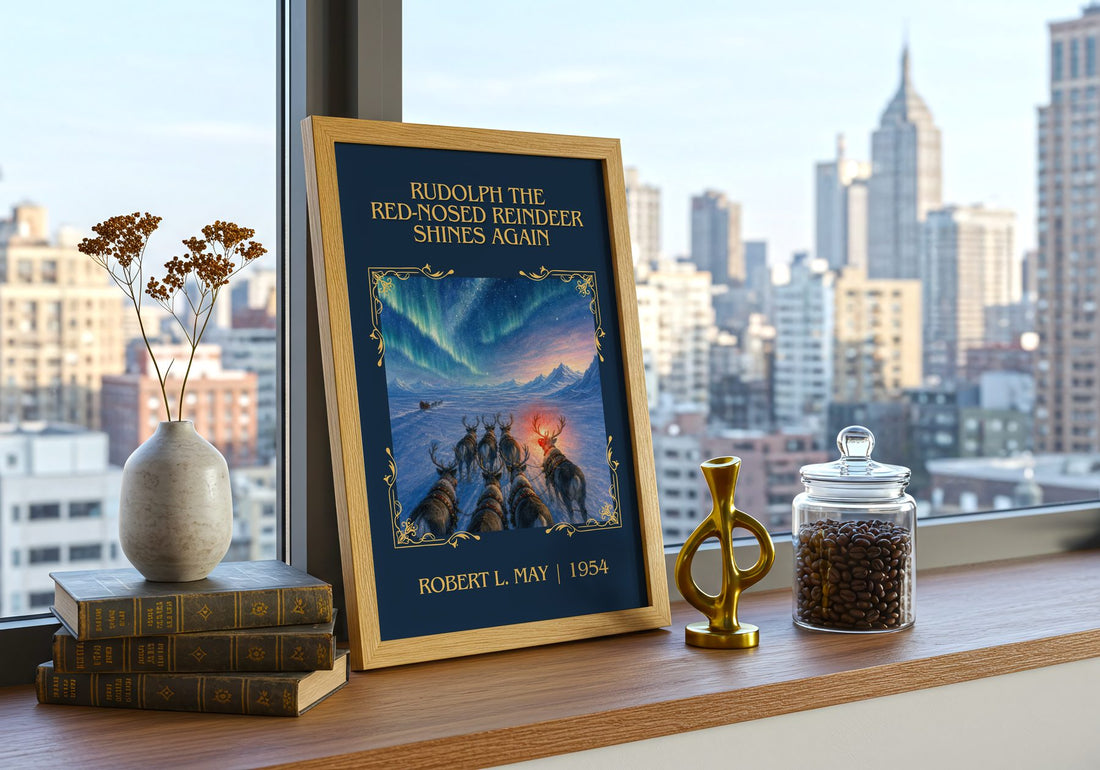 Rudolph The Red-Nosed Reindeer Shines Again Classic Book Art Print by Robert L. May – framed print on a city-view windowsill