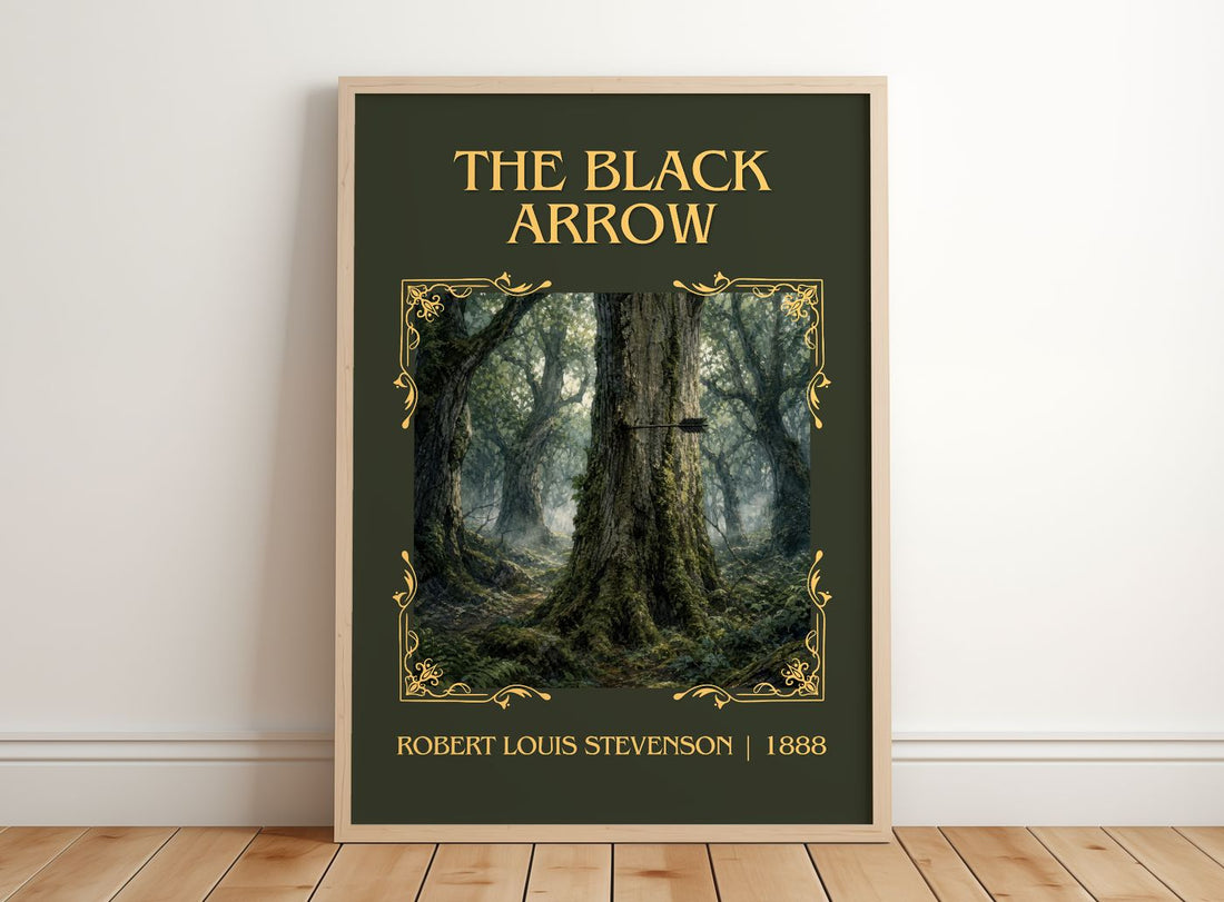 The Black Arrow Classic Book Art Print by Robert Louis Stevenson – framed print leaning on a wooden floor