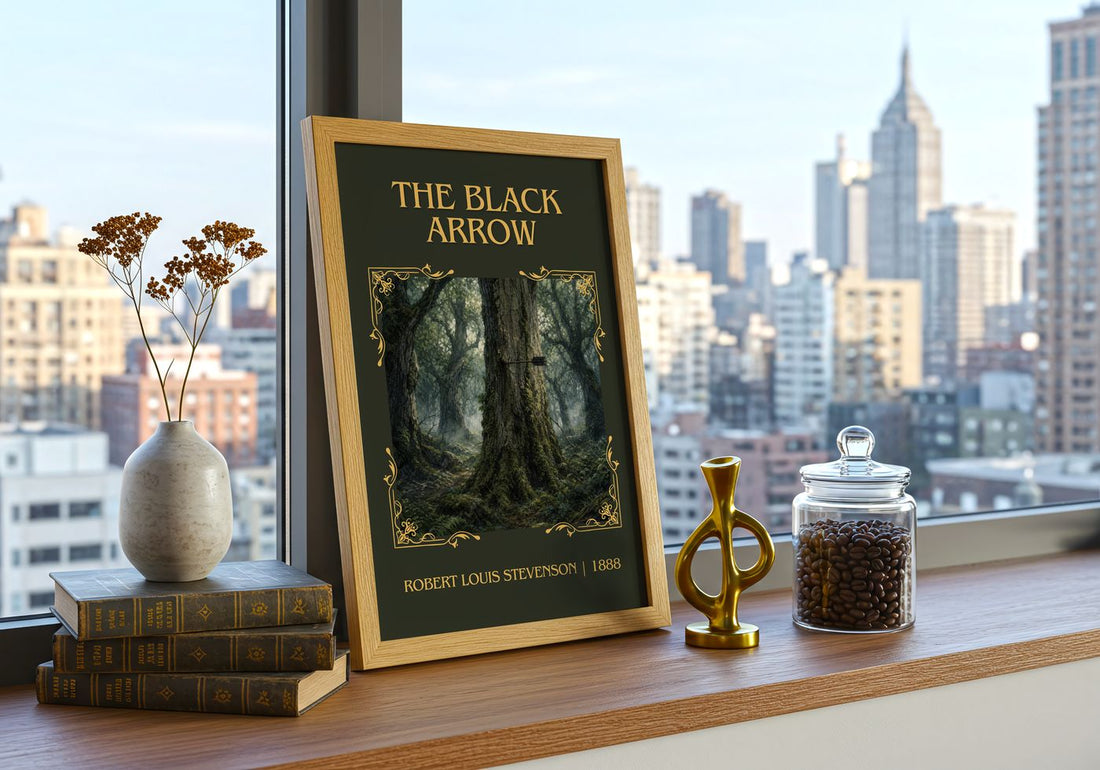 The Black Arrow Classic Book Art Print by Robert Louis Stevenson – framed print on a city-view windowsill