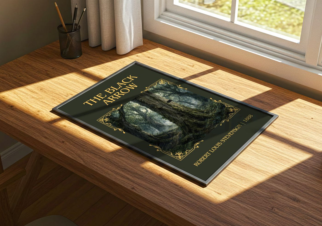 The Black Arrow Classic Book Art Print by Robert Louis Stevenson – print on a sunlit desk