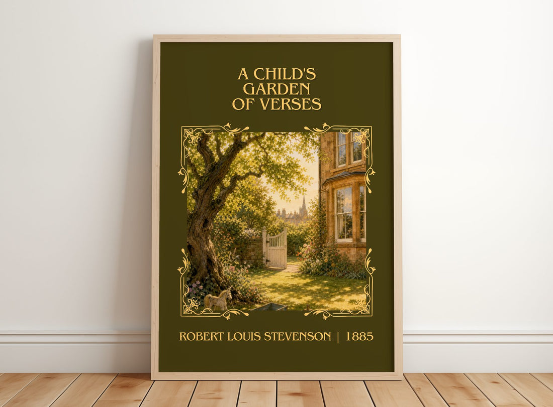 Child's Garden Of Verses Classic Book Art Print by R. Stevenson – framed print leaning on a wooden floor