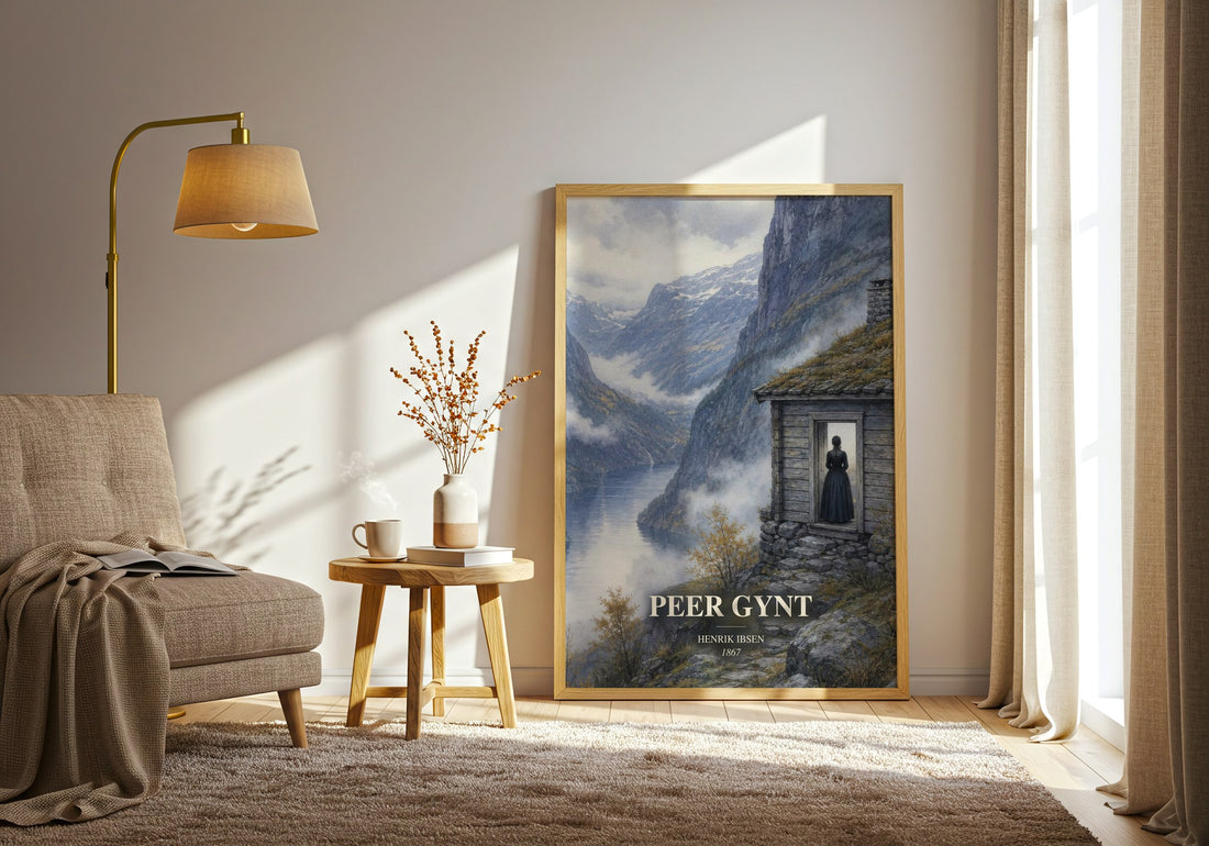 Peer Gynt watercolour print in frame leaning in hallway – classic literature wall art (mockup)