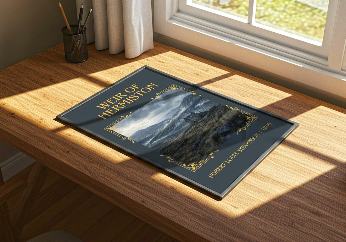 Weir Of Hermiston Classic Book Art Print by Robert Louis Stevenson – print on a sunlit desk