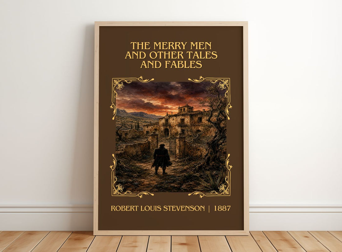 The Merry Men And Other Tales And Fables Classic Book Art Print by Robert Louis Stevenson – framed print leaning on a wooden floor