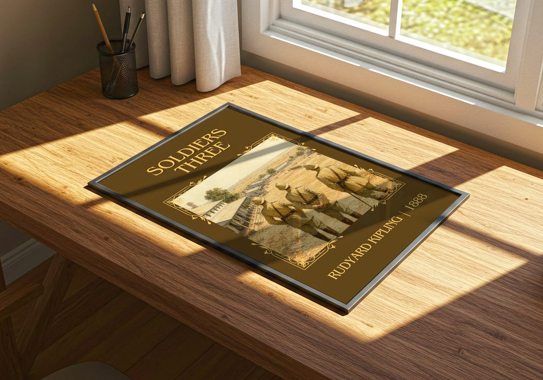 Soldiers Three Classic Book Art Print by Rudyard Kipling – print on a sunlit desk
