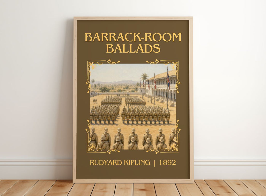 Barrack-Room Ballads Classic Book Art Print by Rudyard Kipling – framed print leaning on a wooden floor