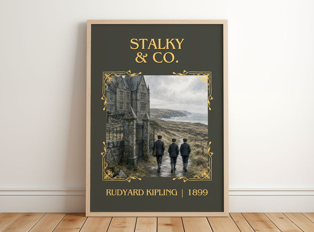 Stalky & Co. Classic Book Art Print by Rudyard Kipling – framed print leaning on a wooden floor