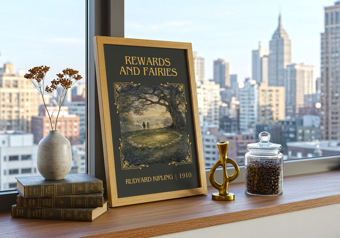 Rewards And Fairies Classic Book Art Print by Rudyard Kipling – framed print on a city-view windowsill