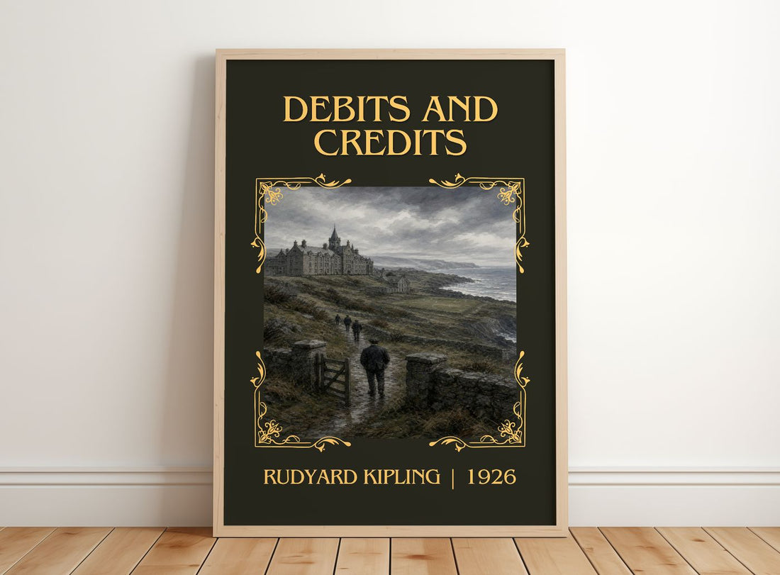 Debits And Credits Classic Book Art Print by Rudyard Kipling – framed print leaning on a wooden floor