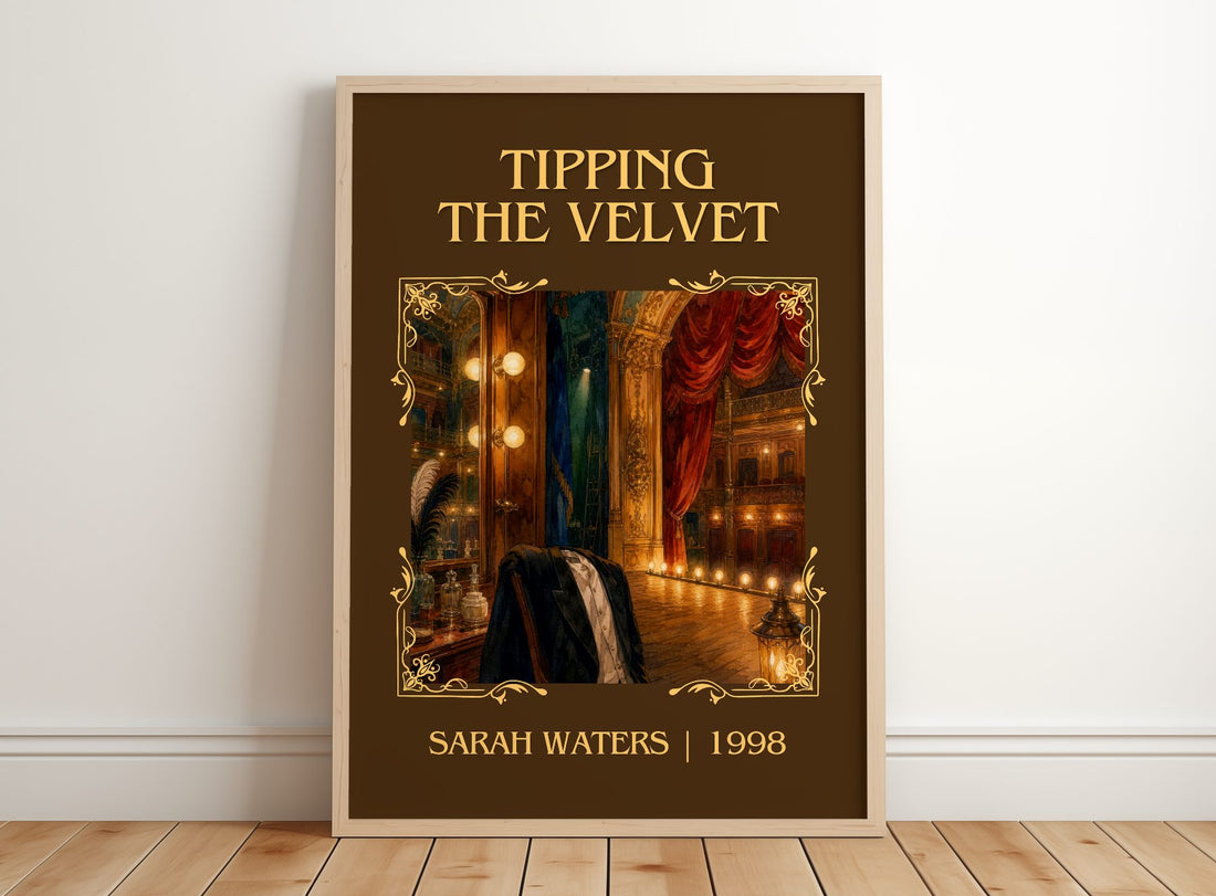 Tipping The Velvet Classic Book Art Print by Sarah Waters – framed print leaning on a wooden floor