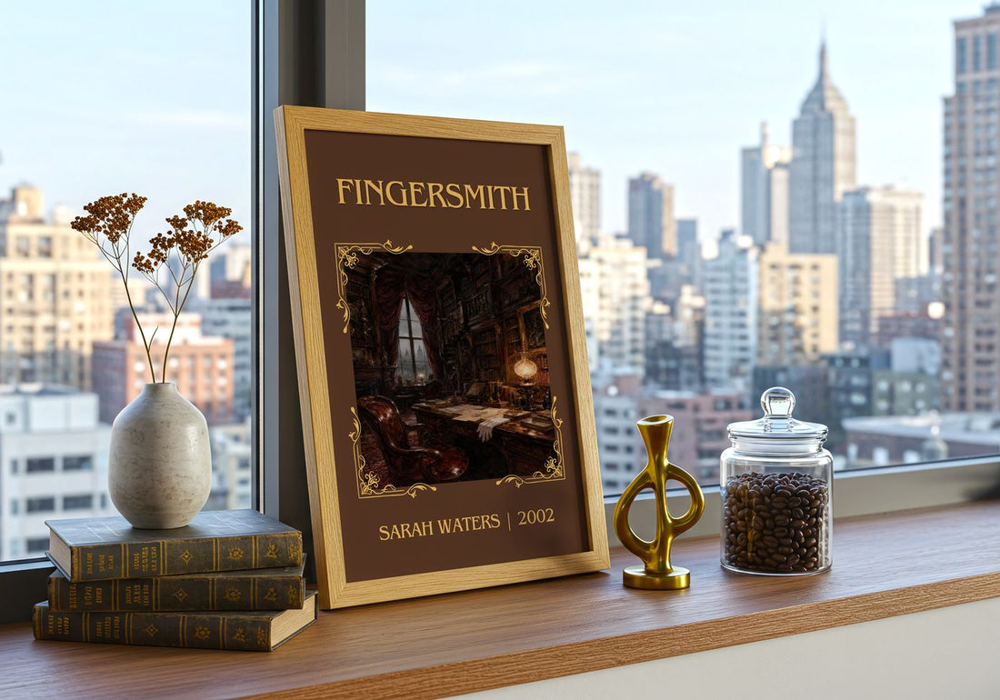 Fingersmith Classic Book Art Print by Sarah Waters – framed print on a city-view windowsill