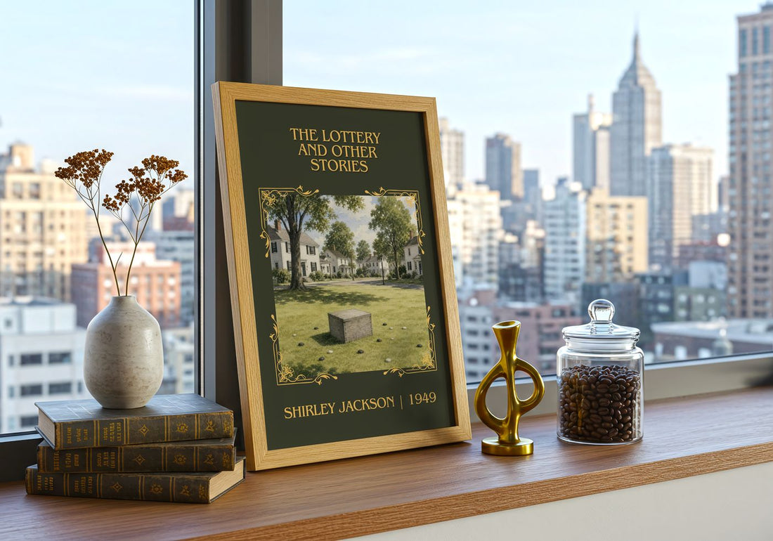 Lottery And Other Stories Classic Book Art Print by Shirley Jackson – framed print on a city-view windowsill