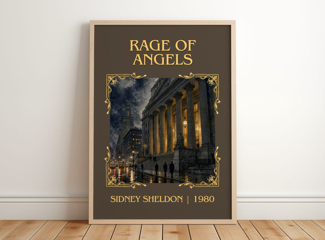 Rage Of Angels Classic Book Art Print by Sidney Sheldon – framed print leaning on a wooden floor