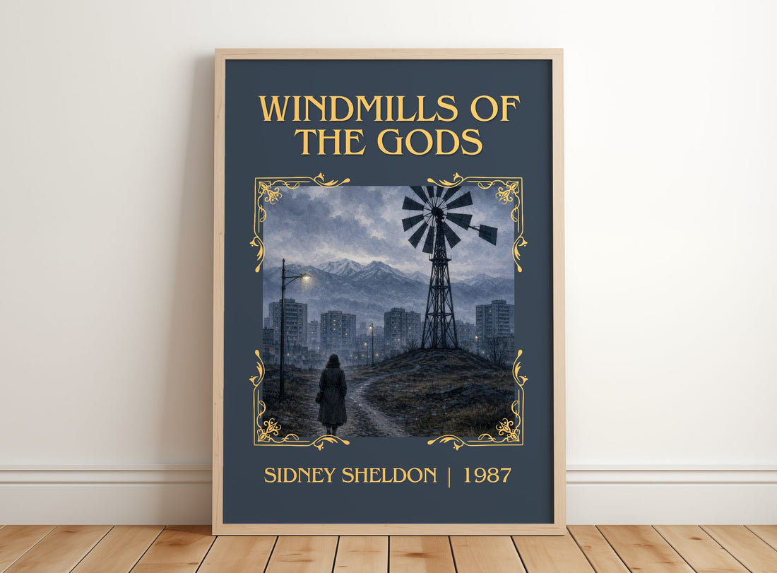 Windmills Of The Gods Classic Book Art Print by Sidney Sheldon – framed print leaning on a wooden floor