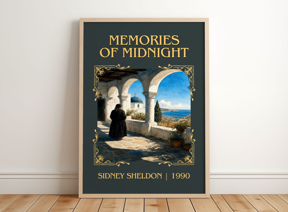 Memories Of Midnight Classic Book Art Print by Sidney Sheldon – framed print leaning on a wooden floor