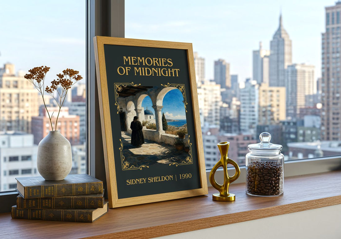 Memories Of Midnight Classic Book Art Print by Sidney Sheldon – framed print on a city-view windowsill