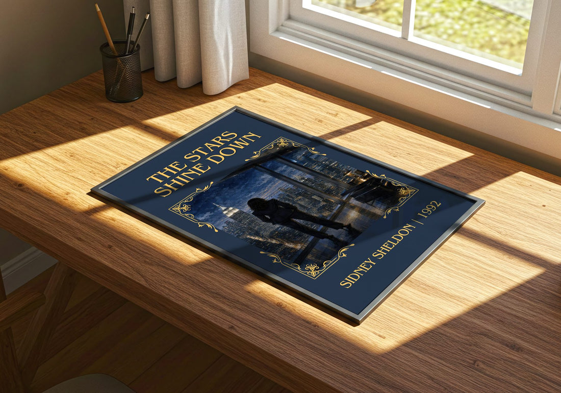 The Stars Shine Down Classic Book Art Print by Sidney Sheldon – print on a sunlit desk