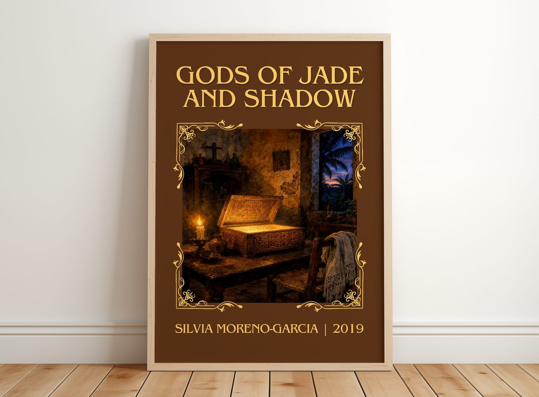 Gods Of Jade And Shadow Classic Book Art Print by Silvia Moreno-Garcia – framed print leaning on a wooden floor