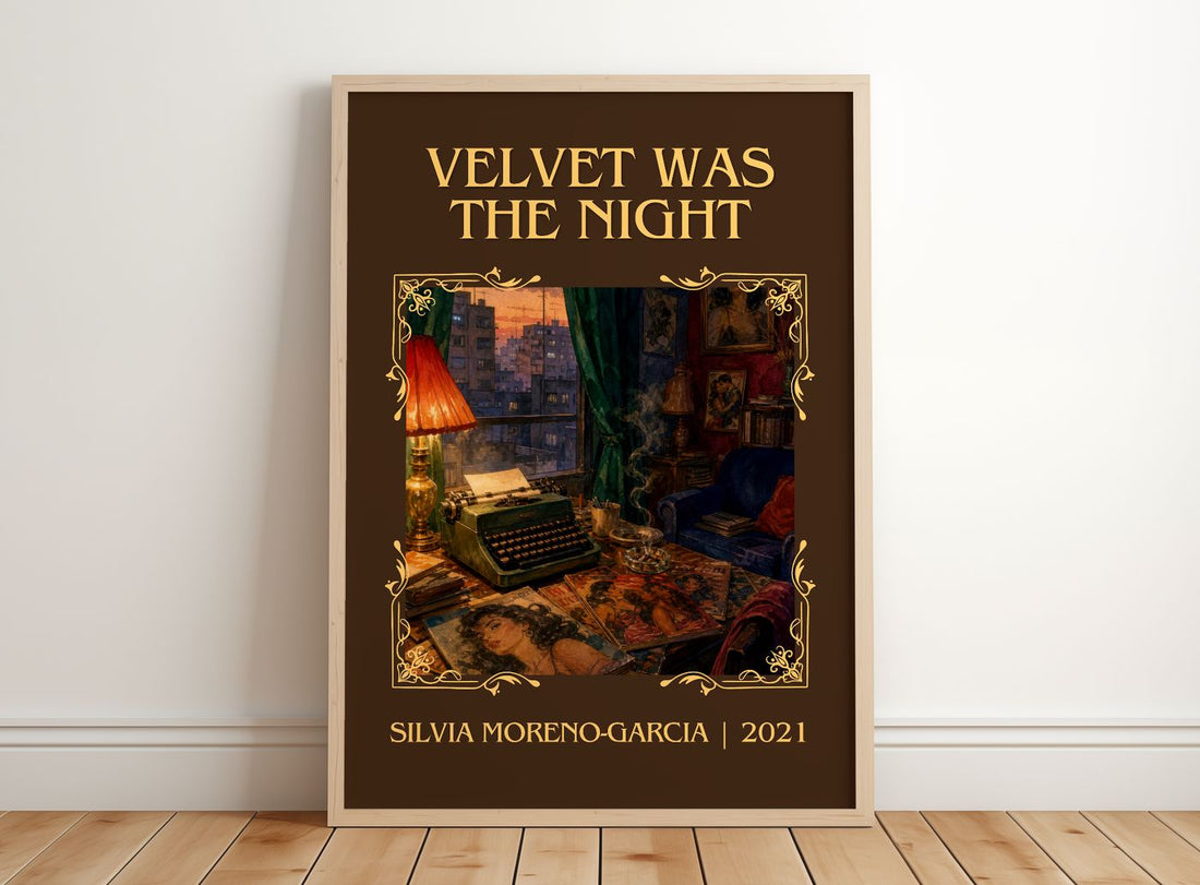 Velvet Was The Night Classic Book Art Print by Silvia Moreno-Garcia – framed print leaning on a wooden floor