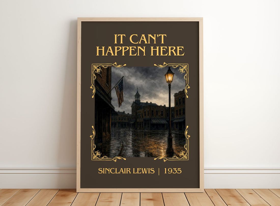 It Can'T Happen Here Classic Book Art Print by Sinclair Lewis – framed print leaning on a wooden floor