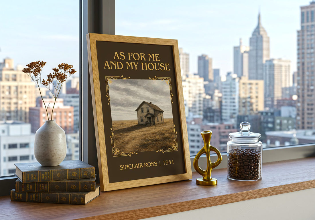 As For Me And My House Classic Book Art Print by Sinclair Ross – framed print on a city-view windowsill