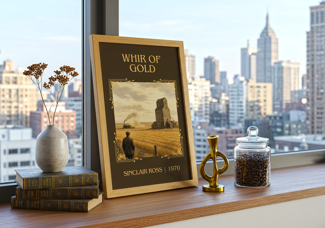 Whir Of Gold Classic Book Art Print by Sinclair Ross – framed print on a city-view windowsill