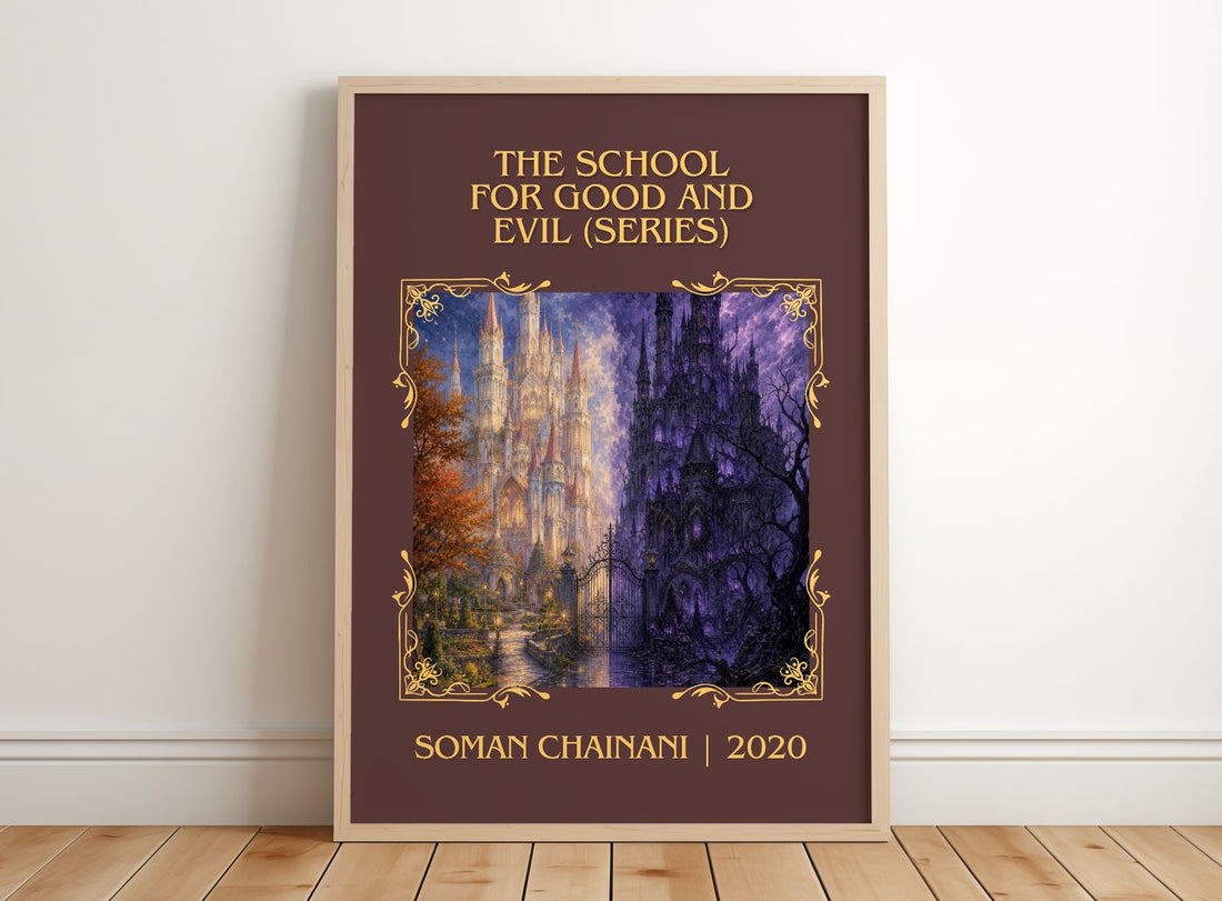 The School For Good And Evil (Series) Classic Book Art Print by Soman Chainani – framed print leaning on a wooden floor