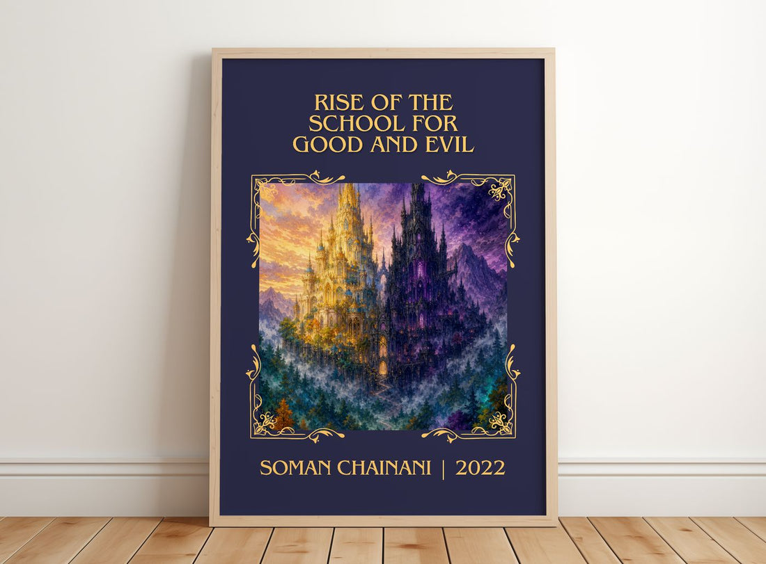 Rise Of The School For Good And Evil Classic Book Art Print by Soman Chainani – framed print leaning on a wooden floor