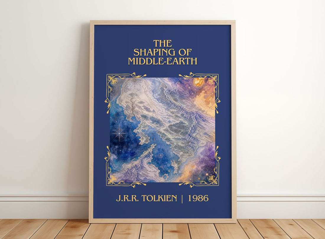 The Shaping Of Middle-Earth Classic Book Art Print by J.R.R. Tolkien – framed print leaning on a wooden floor