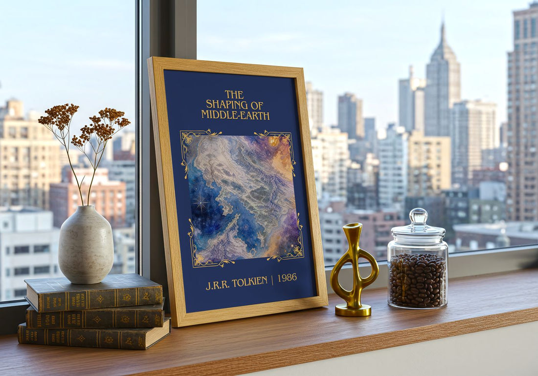 The Shaping Of Middle-Earth Classic Book Art Print by J.R.R. Tolkien – framed print on a city-view windowsill