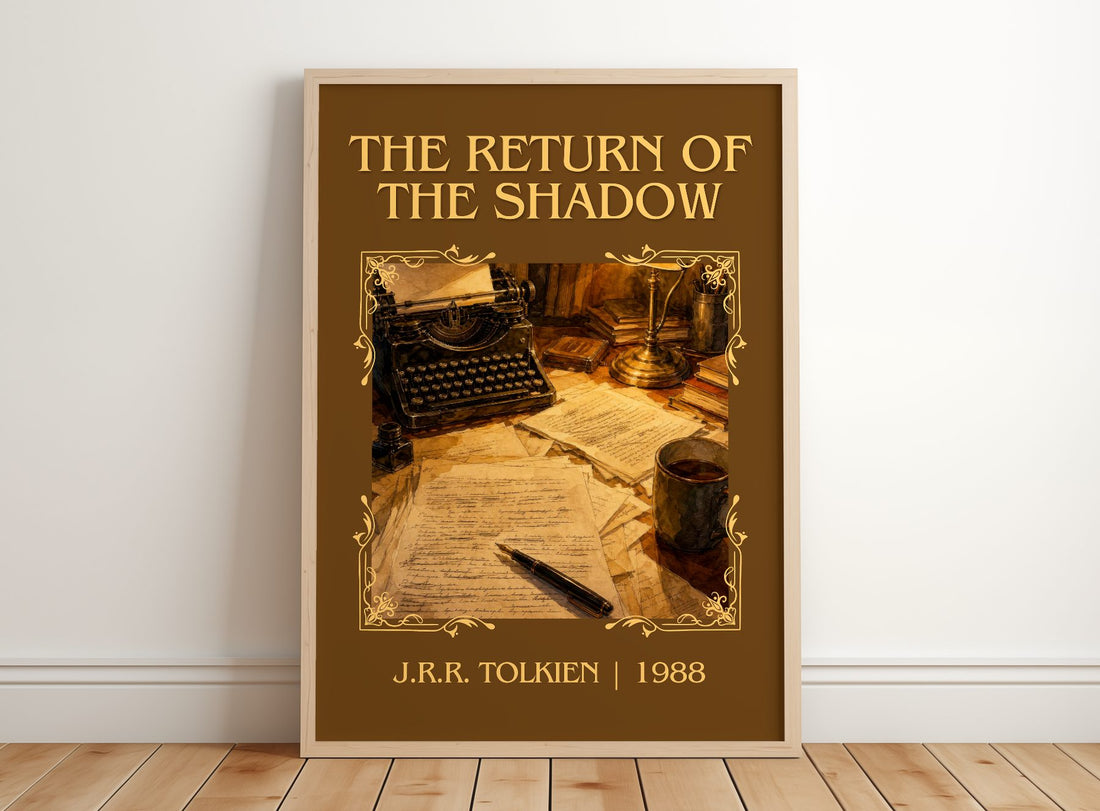 The Return Of The Shadow Classic Book Art Print by J.R.R. Tolkien – framed print leaning on a wooden floor
