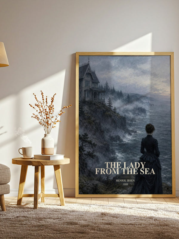 The Lady From The Sea watercolour print in frame leaning in hallway – classic literature wall art