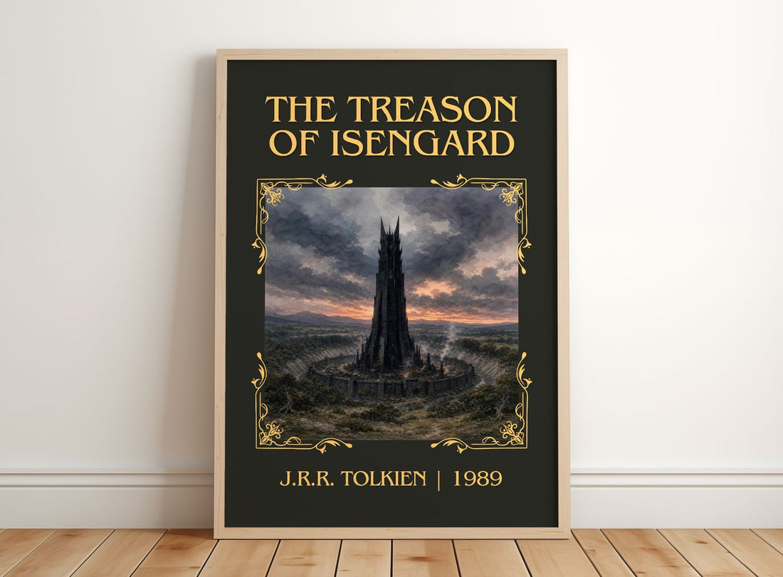 The Treason Of Isengard Classic Book Art Print by J.R.R. Tolkien – framed print leaning on a wooden floor