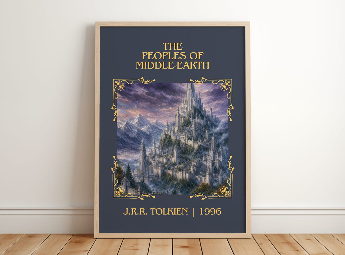 The Peoples Of Middle-Earth Classic Book Art Print by J.R.R. Tolkien – framed print leaning on a wooden floor