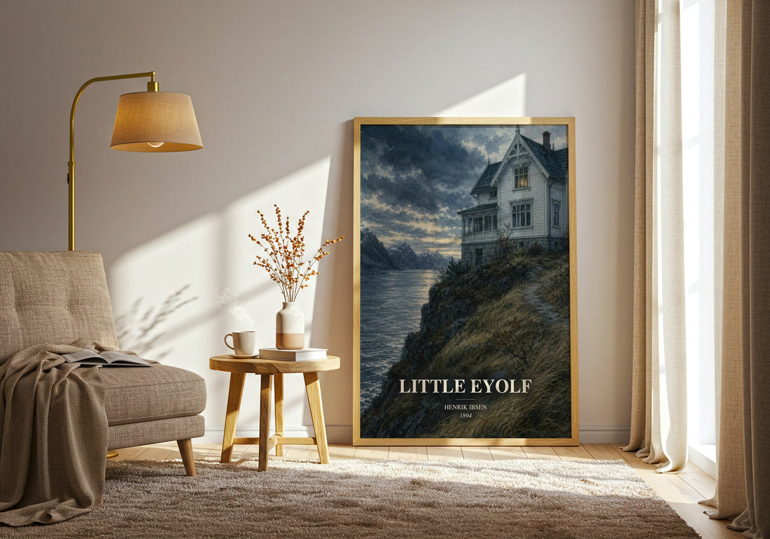 Little Eyolf watercolour print in frame leaning in hallway – literary fiction wall art (mockup)
