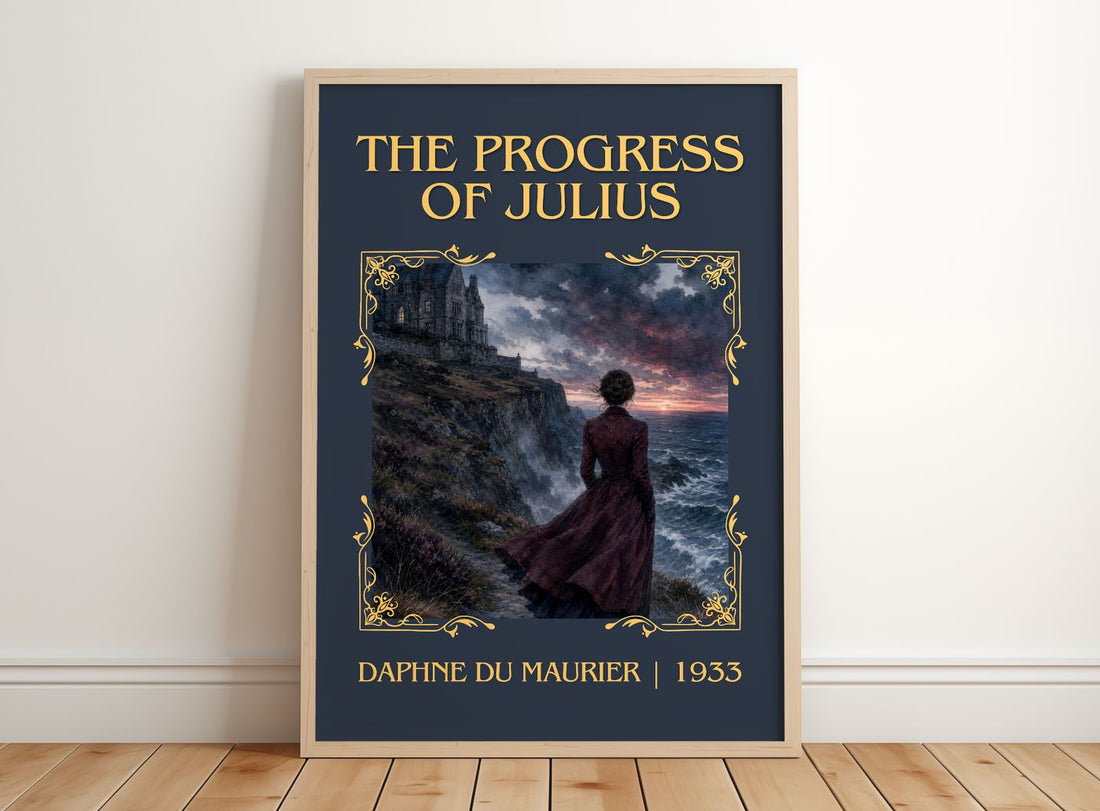 The Progress of Julius Classic Book Art Print by Daphne du Maurier – framed print leaning on a wooden floor