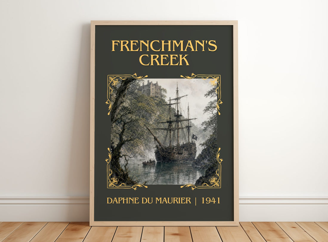 Frenchman's Creek Classic Book Art Print by Daphne du Maurier – framed print leaning on a wooden floor