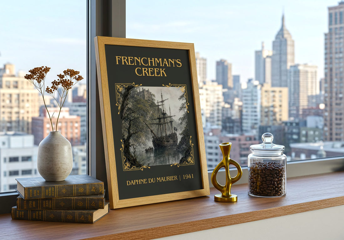 Frenchman's Creek Classic Book Art Print by Daphne du Maurier – framed print on a city-view windowsill