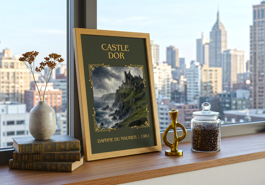 Castle Dor Classic Book Art Print by Daphne du Maurier – framed print on a city-view windowsill