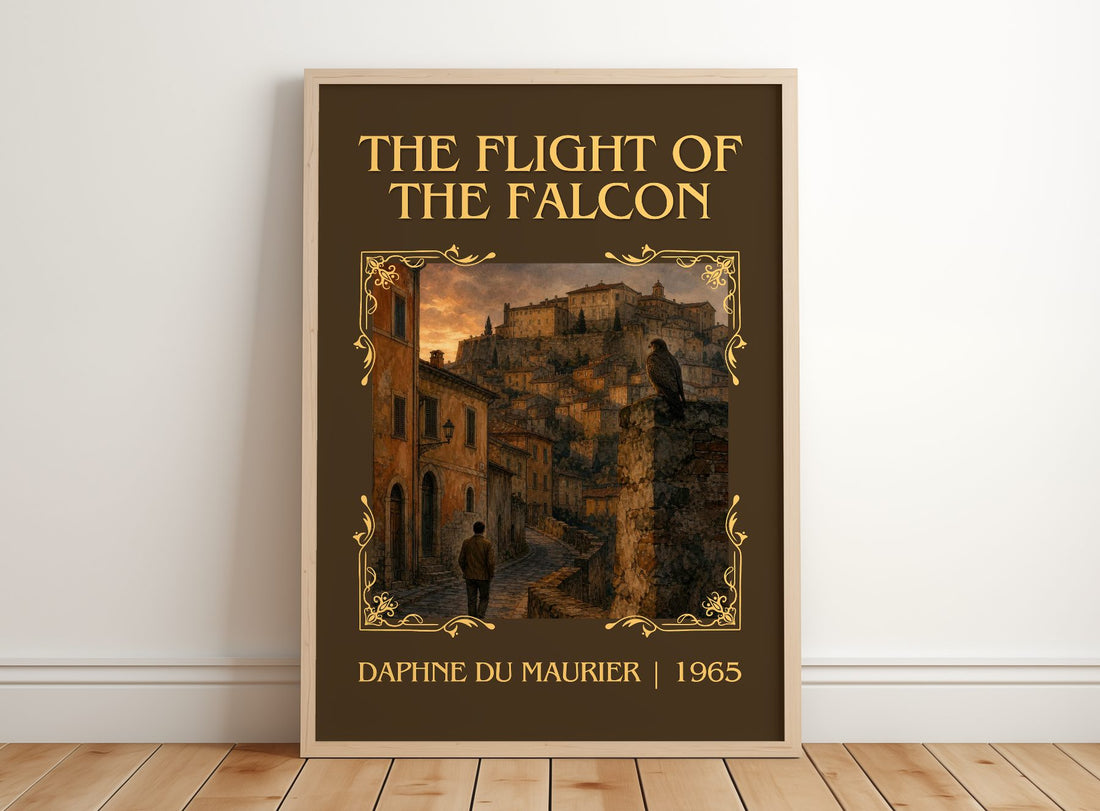 The Flight of the Falcon Classic Book Art Print by Daphne du Maurier – framed print leaning on a wooden floor